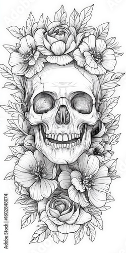 Tattoo design: a skull with flowers surrounding it, in grayscale