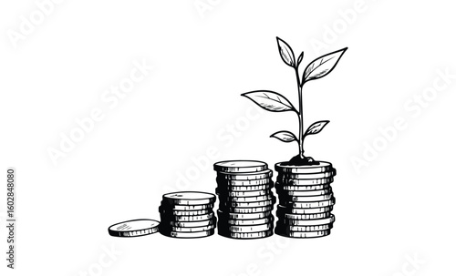Sketch of stacked coins with growing plant symbolizing financial growth. Vector retro hand drawn illustration.