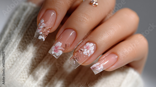 Close up of hand with floral nail art against a white sweater background