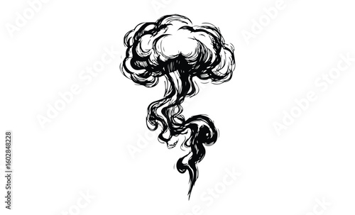 Black and white artistic smoke illustration with swirling details. Vector retro hand drawn illustration.