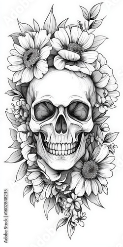 Tattoo design: a skull with flowers surrounding it, in grayscale