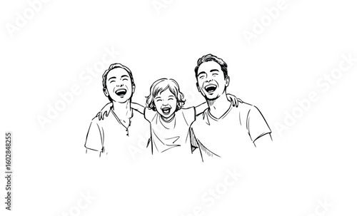 Happy group of asian family members laughing together. Vector retro hand drawn illustration.