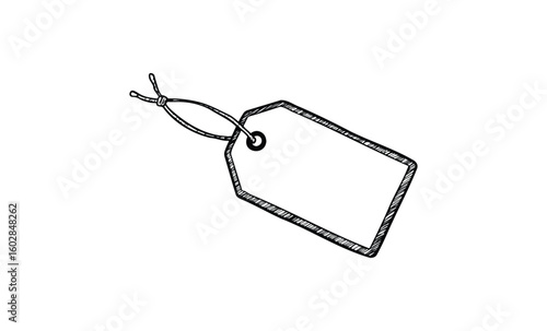 Hand-drawn blank price tag with string on white background. Vector retro hand drawn illustration.