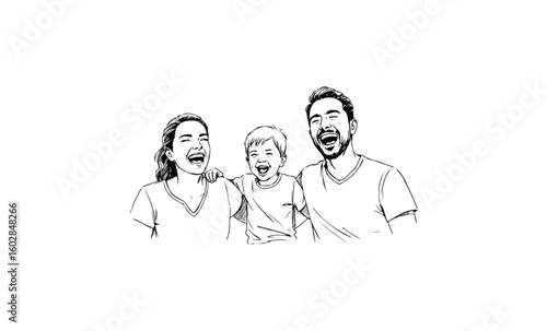Happy family moment: laughing caucasian parents with child sketch. Vector retro hand drawn illustration.