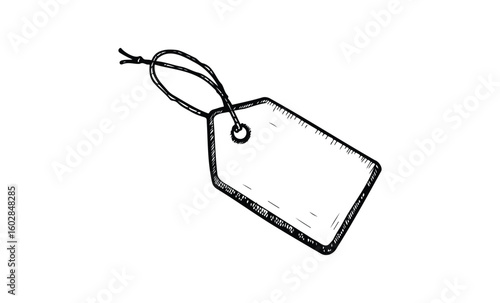 Blank hand-drawn price tag sketch with string in black and white. Vector retro hand drawn illustration.