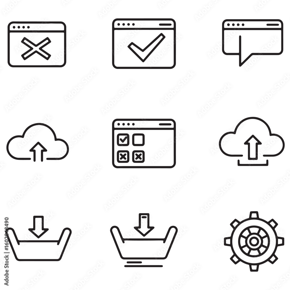 Fototapeta premium Minimalist black and white icons representing cloud computing and web interface elements