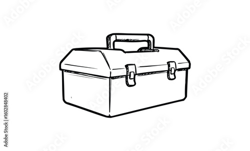 Black and white toolbox illustration with handle and latches. Vector retro hand drawn illustration.
