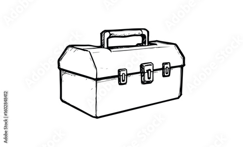 Monochrome sketch of classic toolbox with handle and latch details. Vector retro hand drawn illustration.