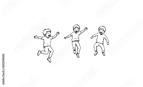 Sketch of three young caucasian children jumping and expressing joy. Vector retro hand drawn illustration.