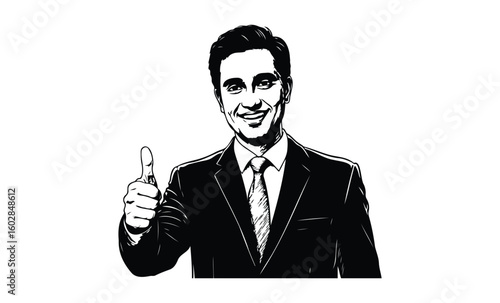 Caucasian young male businessman giving thumbs up in black and white sketch. Vector retro hand drawn illustration.
