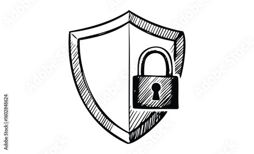 Hand-drawn shield with padlock illustration symbolizing security. Vector retro hand drawn illustration.