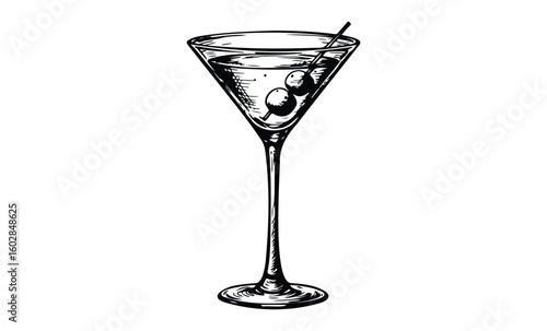 Classic martini glass with olives line art illustration. Vector retro hand drawn illustration.