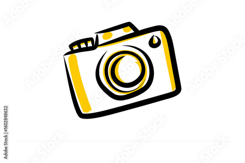 Whimsical hand drawn illustration of a vintage style camera with a bright yellow accent and bold black outline