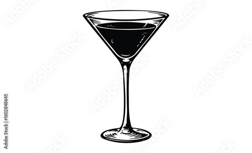 Elegant black and white sketch of a classic martini glass design. Vector retro hand drawn illustration.
