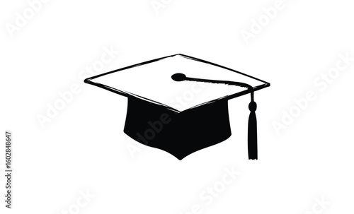 Black graduation cap sketch with tassel on white background. Vector retro hand drawn illustration.