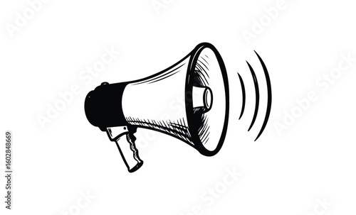 Black and white sketch of a megaphone emitting sound waves. Vector retro hand drawn illustration.