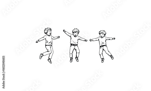 Three young caucasian boys jumping and playing in sketch style. Vector retro hand drawn illustration.