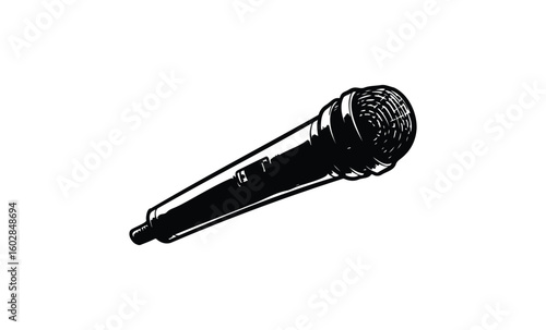 Black and white microphone drawing on white background. Vector retro hand drawn illustration.