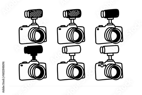 Collection of hand drawn digital cameras with various external microphones attached to hot shoe mounts