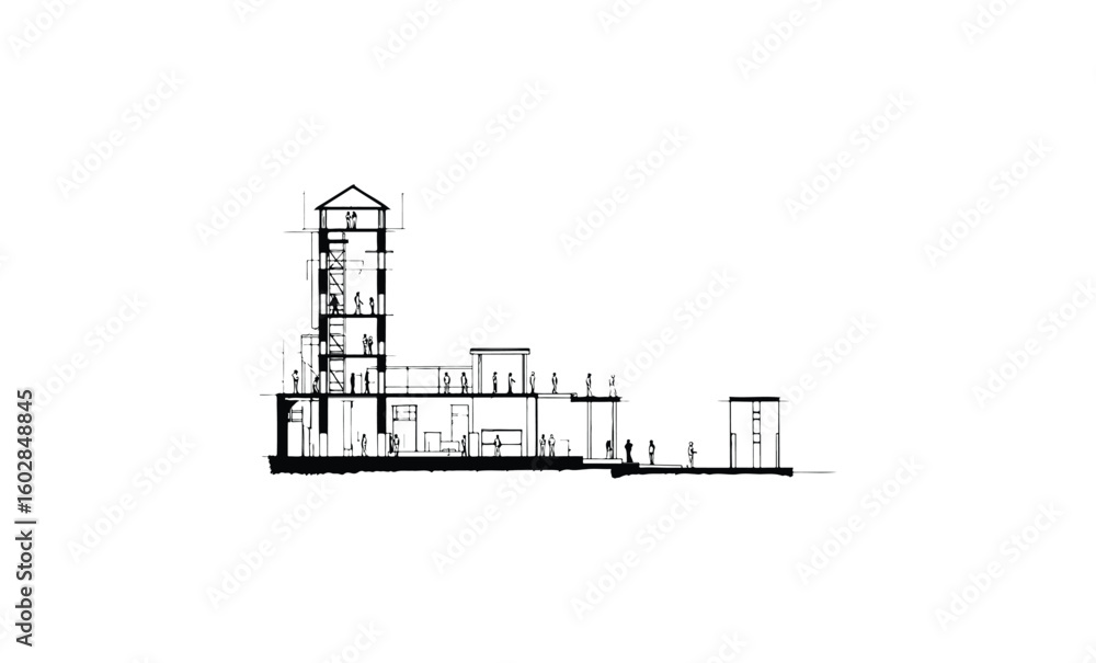 Naklejka premium Architectural cross-section of multi-level building with interior detailing. Vector retro hand drawn illustration.