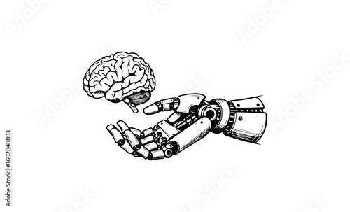Robotic hand reaching towards human brain in futuristic concept design. Vector retro hand drawn illustration.