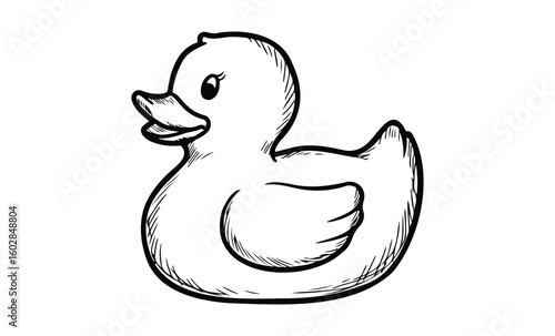 Black and white sketch of a cartoon rubber duck with textured details. Vector retro hand drawn illustration.