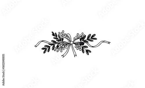 Elegant hand-drawn floral ornament with ribbon and leaves. Vector retro hand drawn illustration.