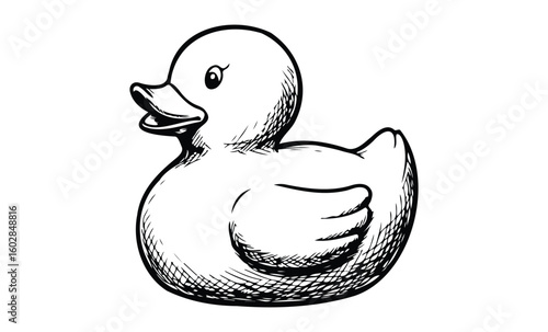 Black and white rubber duck sketch drawing on white background. Vector retro hand drawn illustration.
