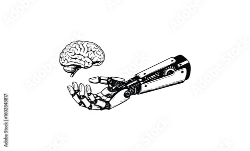 Robotic hand reaching for brain: human-ai connection in technology concept. Vector retro hand drawn illustration.