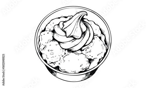 Black and white ice cream sundae sketch with whipped cream topping in a cup. Vector retro hand drawn illustration.