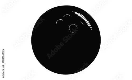 Black bowling ball with highlighted finger holes on white background. Vector retro hand drawn illustration.