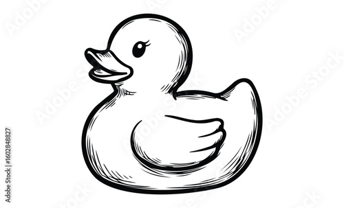 Black and white sketch of a rubber duck with detailed line art. Vector retro hand drawn illustration.