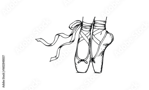 Elegant sketch of ballet pointe shoes with ribbons. Vector retro hand drawn illustration.