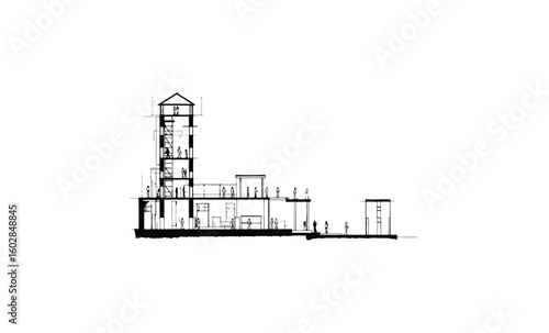 Architectural cross-section of multi-level building with interior detailing. Vector retro hand drawn illustration.