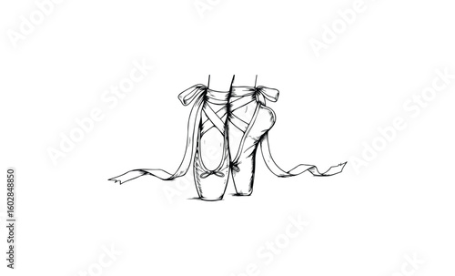 Elegant pointe shoes: sketch of ballet footwear with ribbons. Vector retro hand drawn illustration.