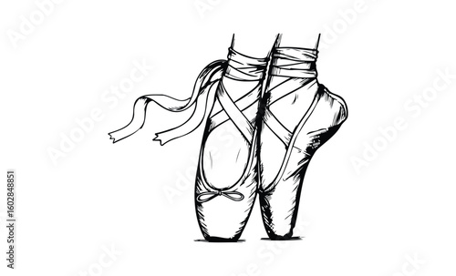 Elegant pointe shoes sketch with intricate ribbon details. Vector retro hand drawn illustration.