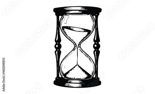 Monochrome vintage hourglass with flowing sand on white background. Vector retro hand drawn illustration.