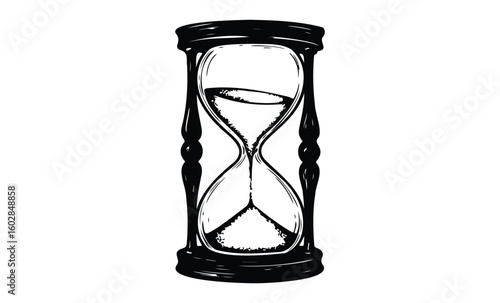 Monochrome hourglass depicting time's passage with falling sand. Vector retro hand drawn illustration.