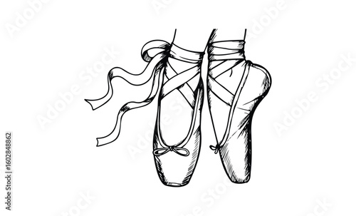 Elegant pointe shoes sketch with ribbons highlighting ballet grace. Vector retro hand drawn illustration.