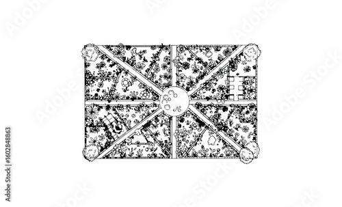 Geometric garden layout with diverse plant regions and pathways. Vector retro hand drawn illustration.
