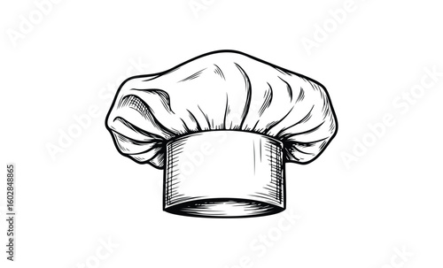 Chef hat illustration in black and white line art style. Vector retro hand drawn illustration.