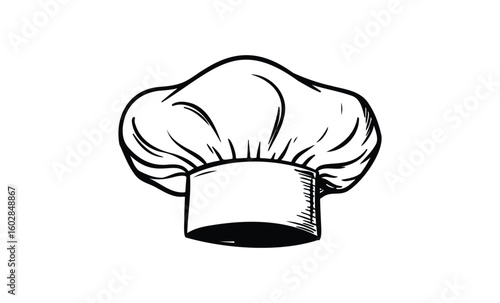 Chef hat sketch: classic culinary symbol in black and white line art. Vector retro hand drawn illustration.