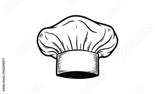 Chef hat line art illustration on white background for culinary design. Vector retro hand drawn illustration.