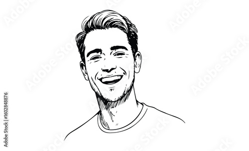 Smiling young caucasian male illustration with short hair and facial hair. Vector retro hand drawn illustration.