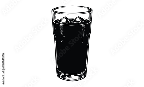 Black and white illustration of a tall glass of soda with ice cubes. Vector retro hand drawn illustration.