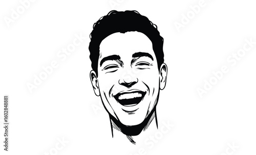 Smiling young adult male portrait in black and white line art illustration. Vector retro hand drawn illustration.