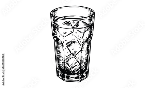 Hand-drawn black and white illustration of a water glass with ice cubes. Vector retro hand drawn illustration.