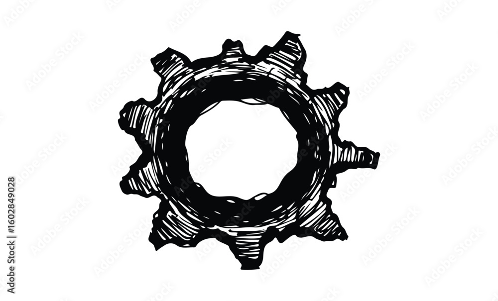 Obraz premium Hand-drawn black gear wheel on white background. Vector retro hand drawn illustration.