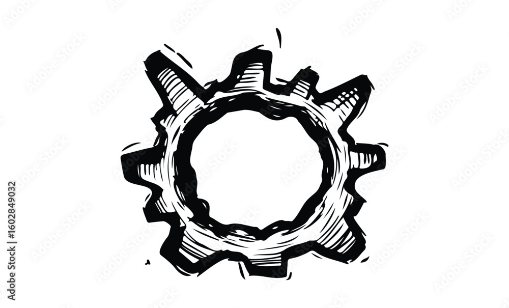 Obraz premium Hand-drawn mechanical gear with detailed lines and white background. Vector retro hand drawn illustration.