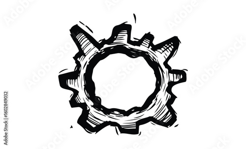 Hand-drawn mechanical gear with detailed lines and white background. Vector retro hand drawn illustration.